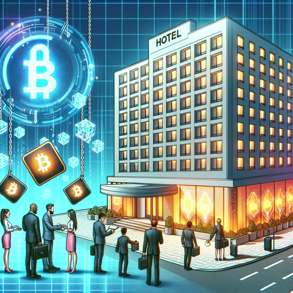 An illustration showcasing the integration of blockchain technology in the hotel industry, highlighting a futuristic hotel environment where digital innovations like smart contracts and secure transactions enhance guest experiences, streamline operations, and ensure transparency and trust.