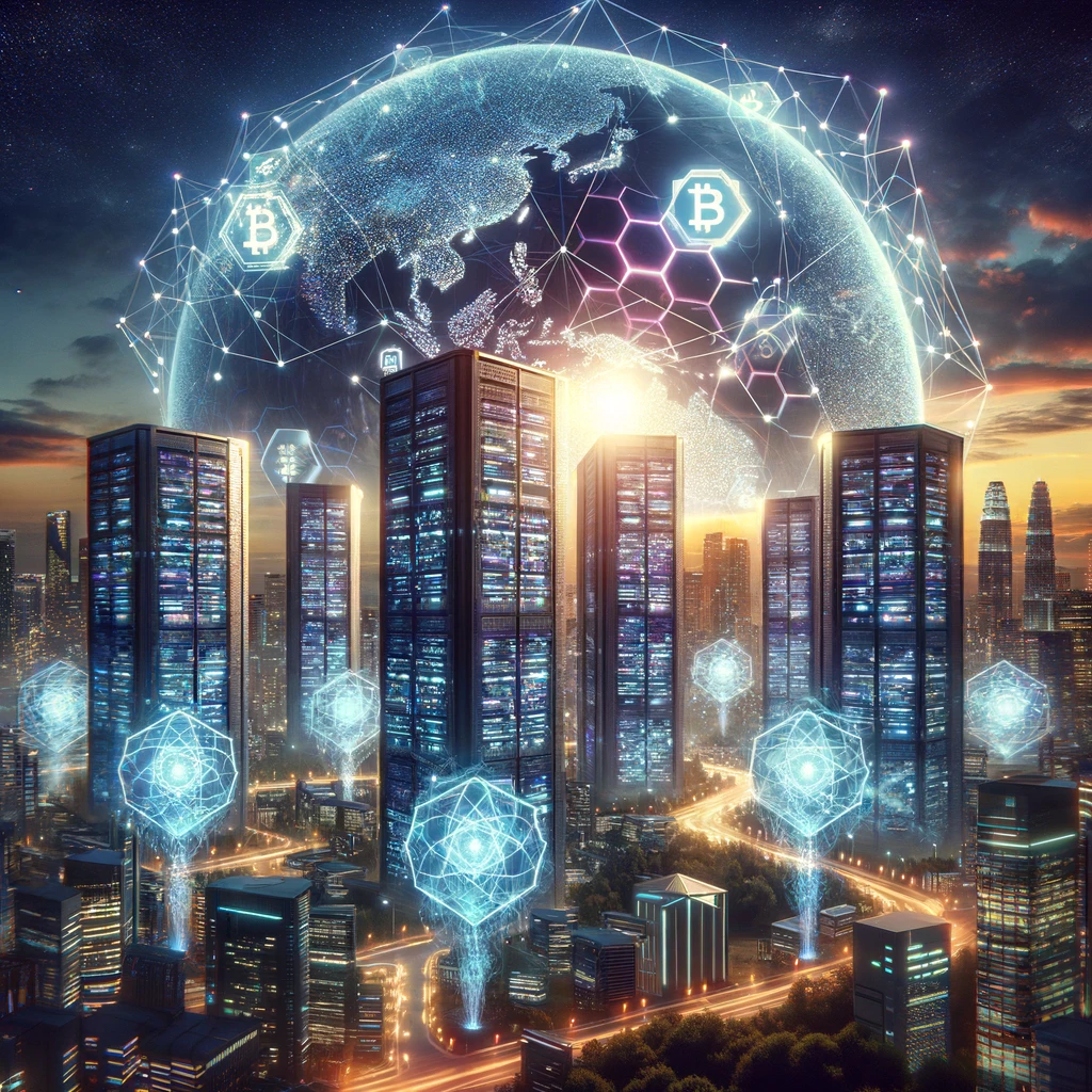 A futuristic scene depicting the integration of blockchain technology and telecommunications, featuring towering servers, blockchain patterns, and a digital globe with holographic projections.