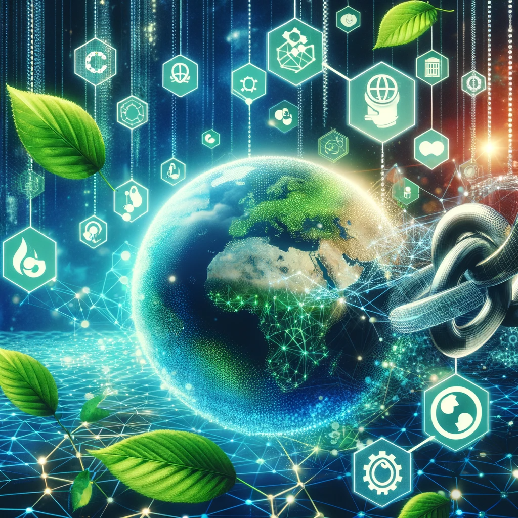 Digital representation of a blockchain and environmental foundation partnership, featuring symbols of technology and nature intertwined.