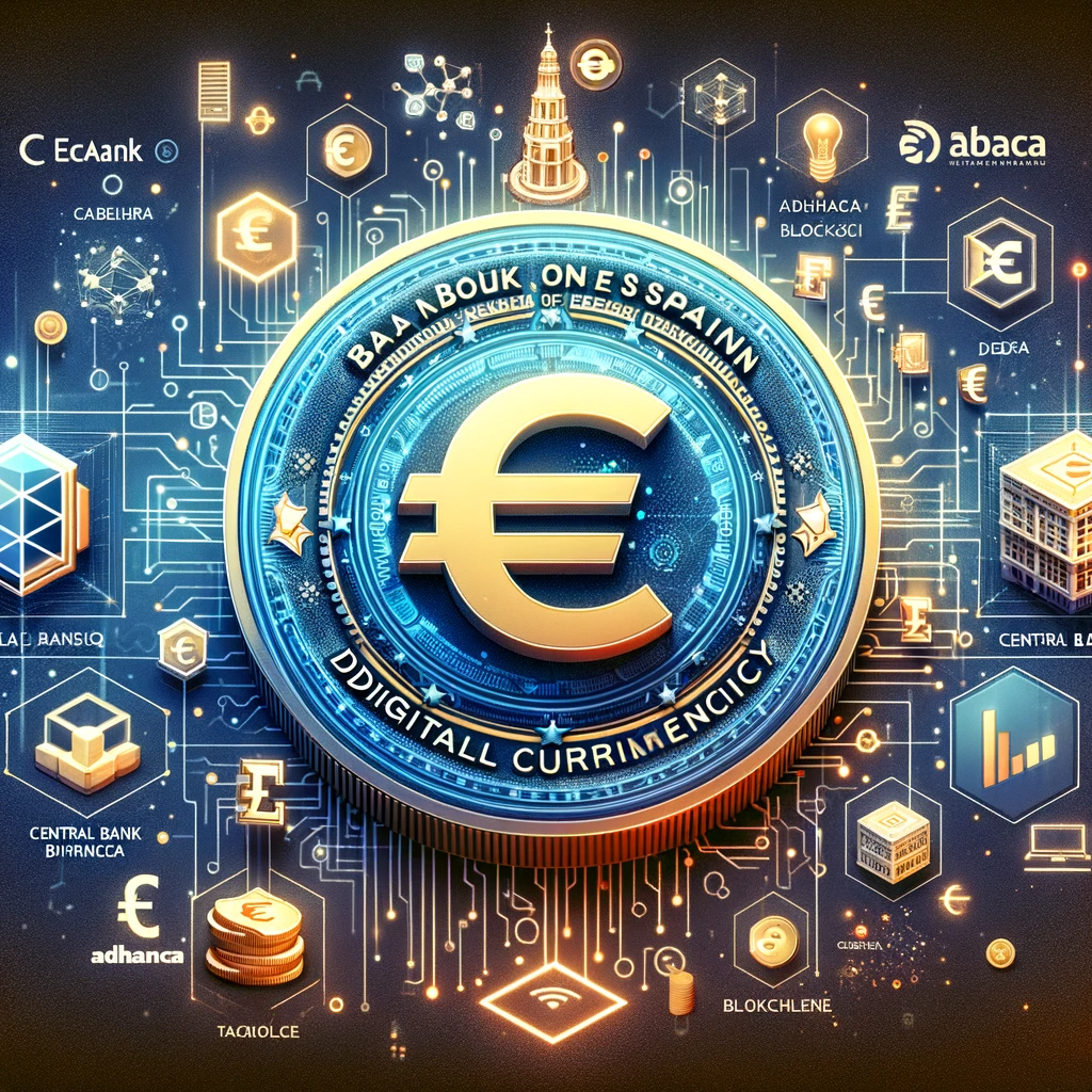 An illustration of Spain's digital currency initiative, featuring the Bank of Spain at the forefront of blockchain technology adoption.