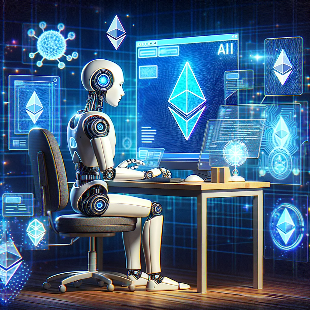 A futuristic robot coding Ethereum applications on a computer, surrounded by digital Ethereum logos and AI symbols, representing the integration of AI and blockchain technology.
