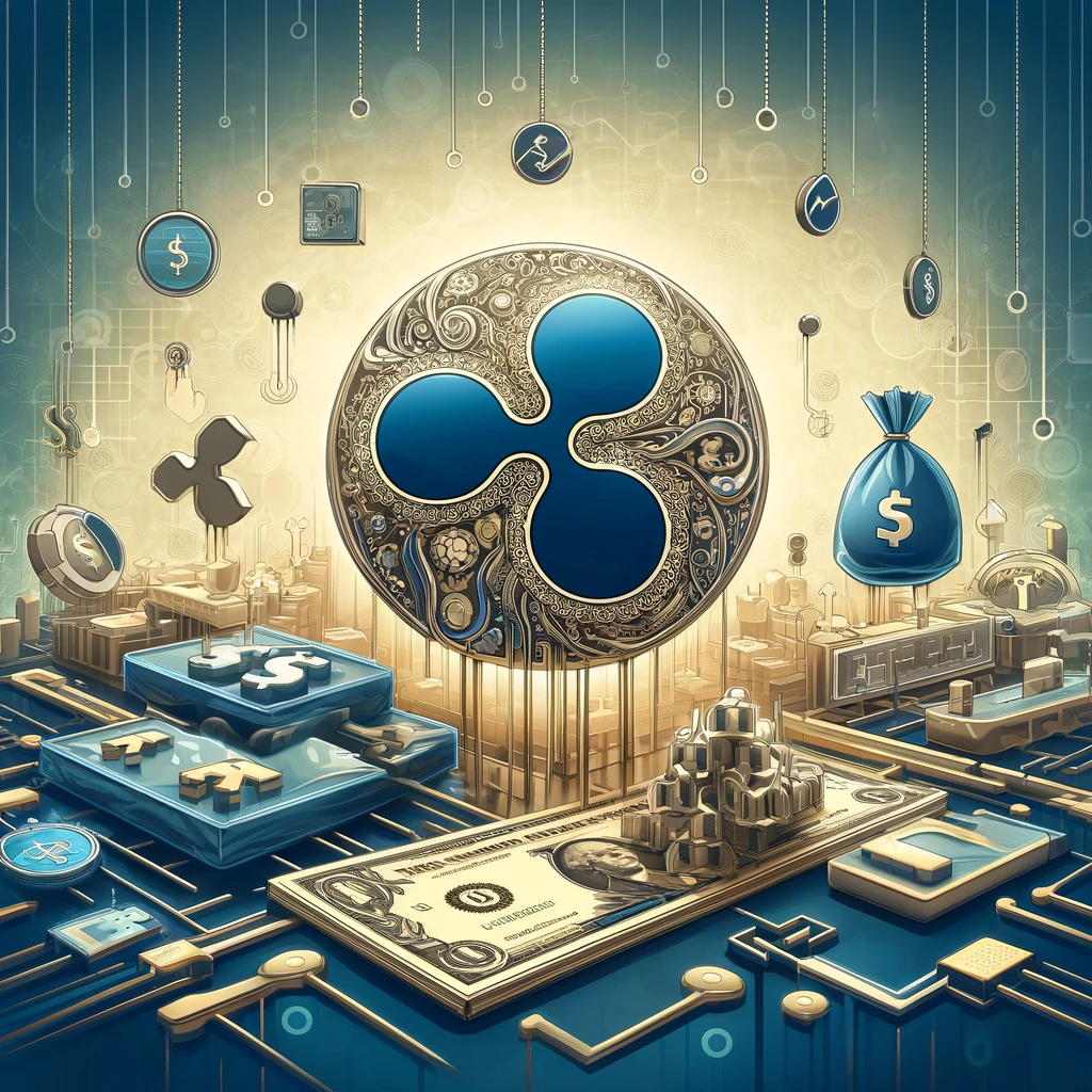 Digital illustration of Ripple's symbol integrated with a dollar sign and treasury bonds, symbolizing the blend of blockchain innovation and traditional financial stability.