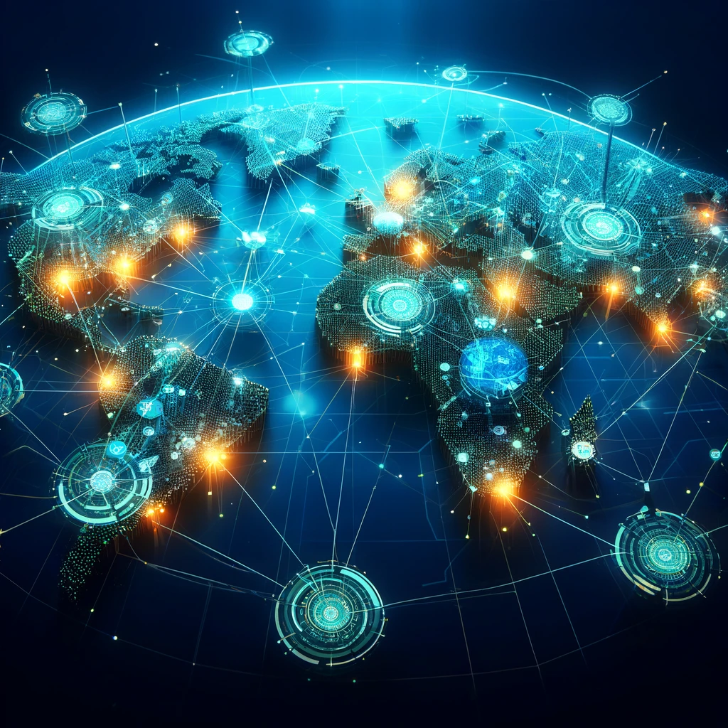 Global map with a futuristic digital network powered by blockchain technology, showcasing interconnected nodes and lines across major cities, depicting the worldwide enhancement of telecommunications.