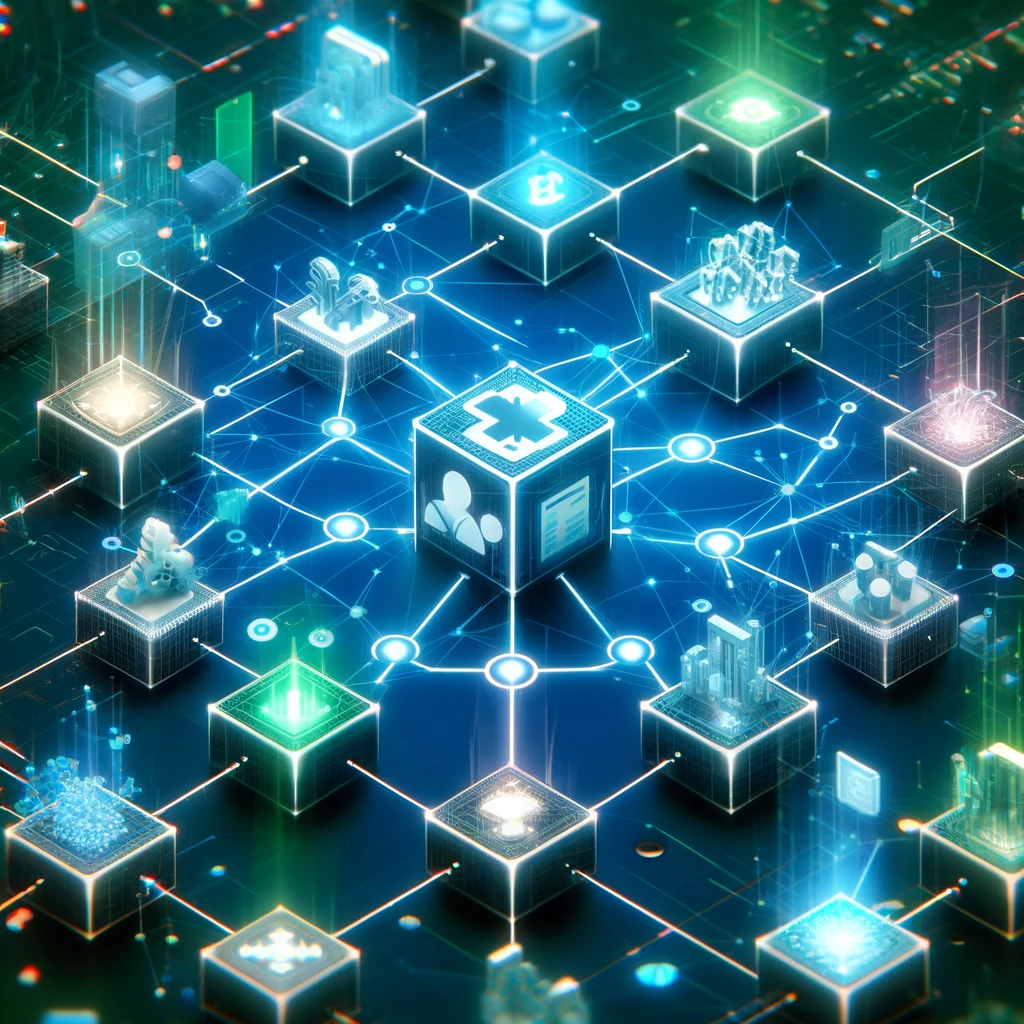 Digital illustration of a network of interconnected blocks representing blockchain technology in healthcare. The nodes symbolize hospitals, patients, and data centers, connected by lines in a secure network, depicted in cool blue and green tones to suggest a digital and secure environment.