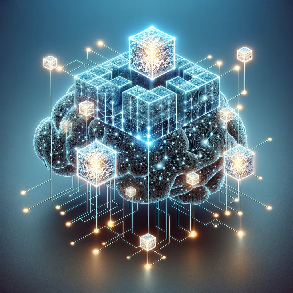 Digital illustration of an interconnected network of blockchain nodes and an AI neural network, symbolizing the integration of blockchain technology to ensure transparency and fairness in AI systems.