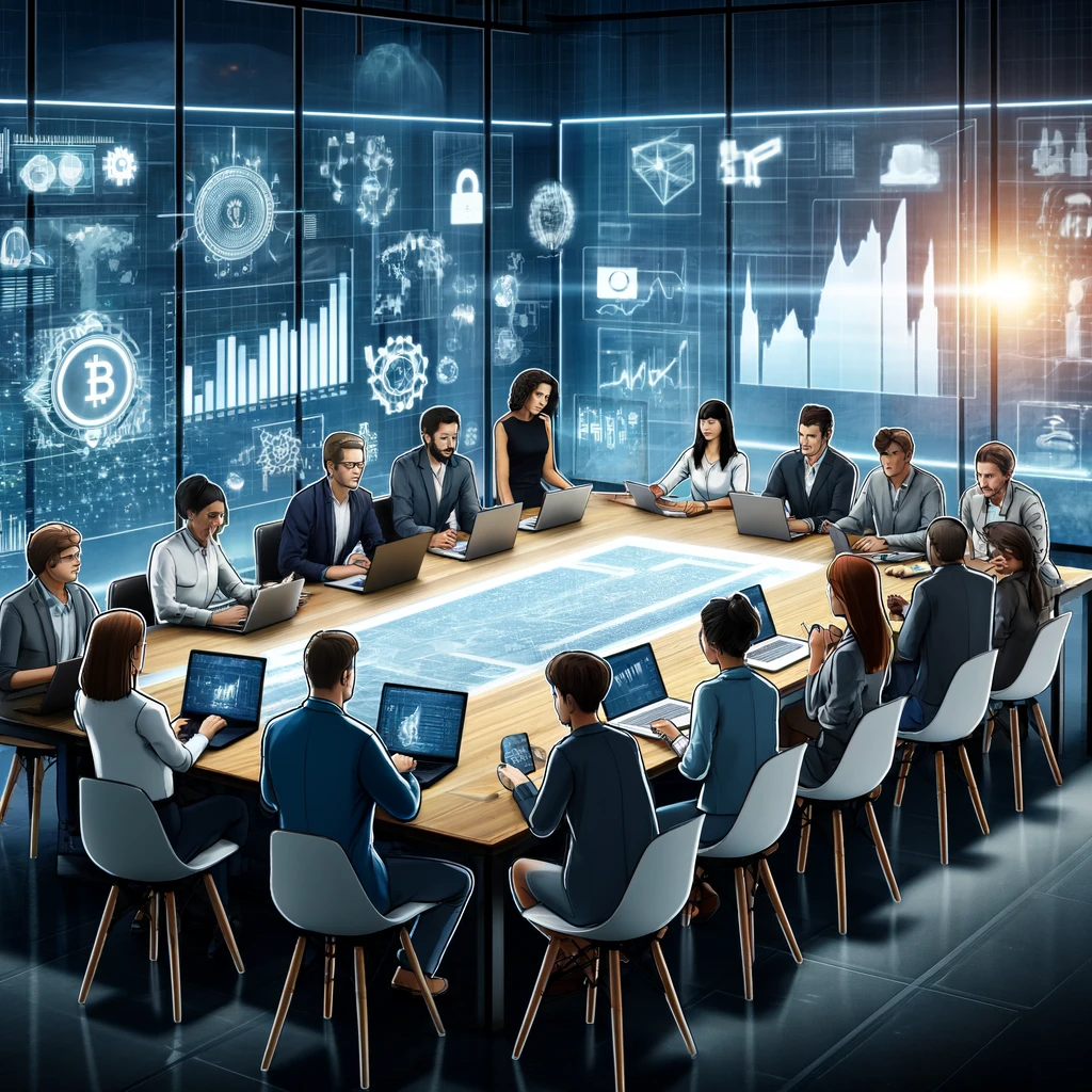 A diverse group of tech professionals working on blockchain and cryptocurrency in a modern office environment.
