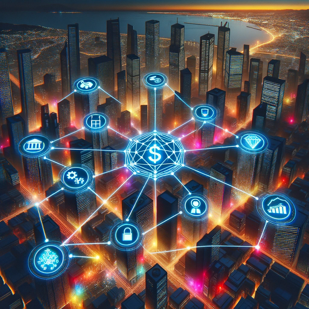Futuristic cityscape at dusk showcasing VeChain blockchain connections with glowing lines linking buildings for finance, logistics, retail, and government, highlighted by vibrant neon lights.