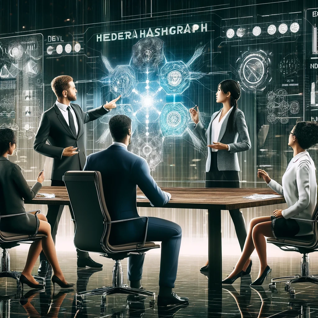 Illustration of a diverse group of business professionals, including a Caucasian woman, an African man, and an Asian woman, engaging in a strategic meeting in a futuristic boardroom with a digital screen displaying blockchain data.