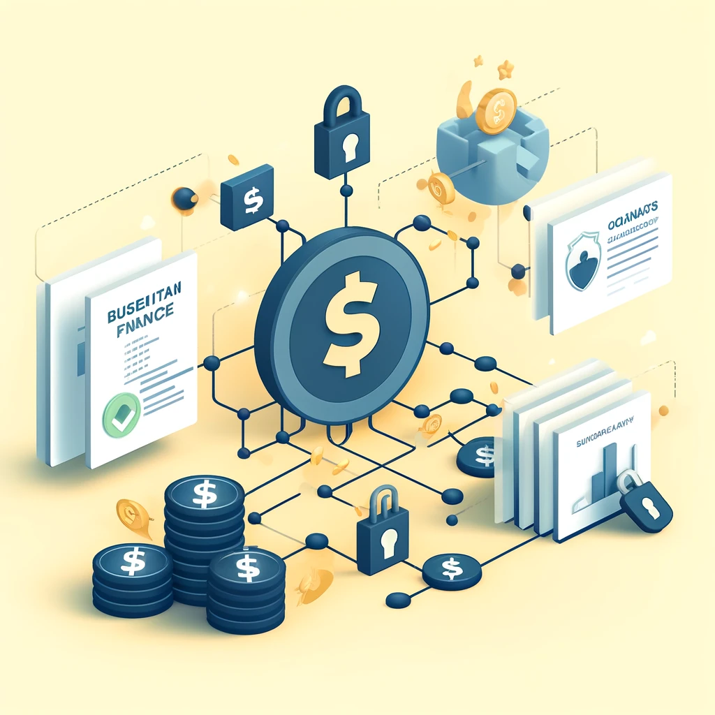 Simplified illustration of blockchain technology in facilitated finance, showing a secure digital ledger with interconnected nodes. Coins and documents represent grants and subsidies flowing through the blockchain network, symbolizing secure and transparent distribution.
