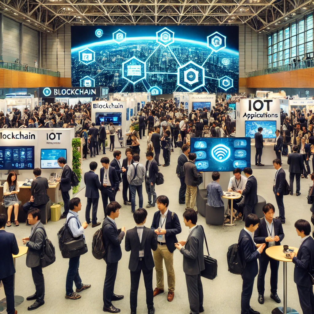 Attendees at a blockchain conference networking and discussing IoT applications