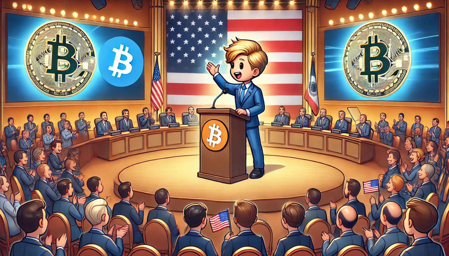 Cartoon-like speaker with blond hair facing the audience at a cryptocurrency conference