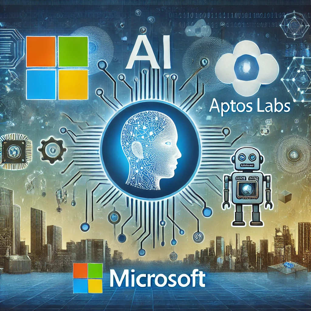 Illustration of Microsoft and Aptos Labs logos with AI and blockchain elements